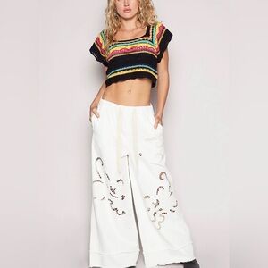 POL Wide Leg Laser Cut Point Pants w Elastic Band